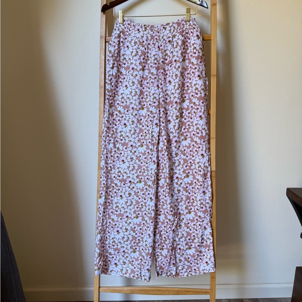 Paradise Now, Naupaka Wide-Leg Pants, Beige/pink Flowers, M